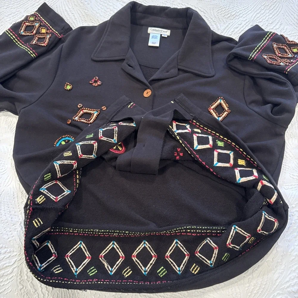 Coldwater Creek Cardigan Sweater size Large Beaded Black Jacket Art to Wear - Picture 9 of 9